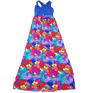 Thyme & Honey Womens Tropical Floral Maxi Dress Blue Multi Racerback Summer 1881